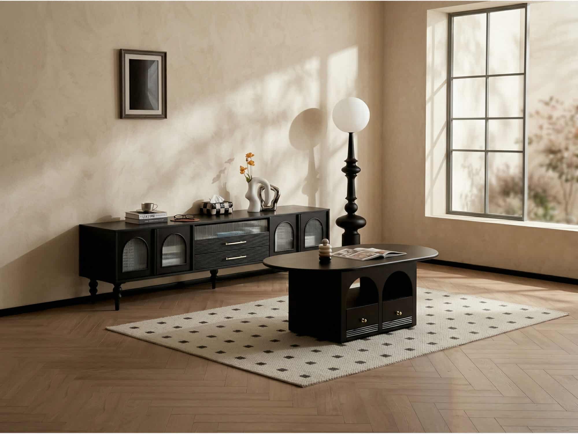 Mid-Century Modern Black TV Stand with Cabinet Glass Doors 相册图 #4 scene