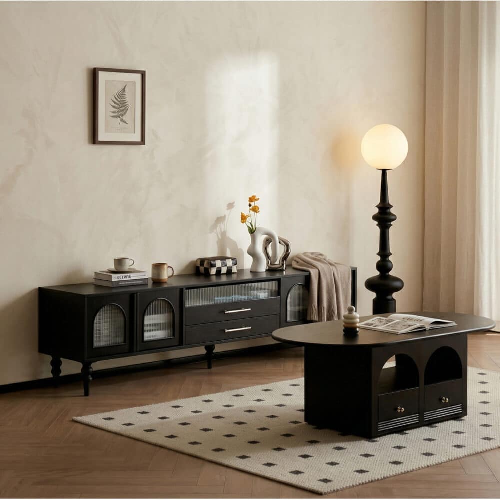 Mid-Century Modern Black TV Stand with Cabinet Glass Doors 相册图 #5 scene