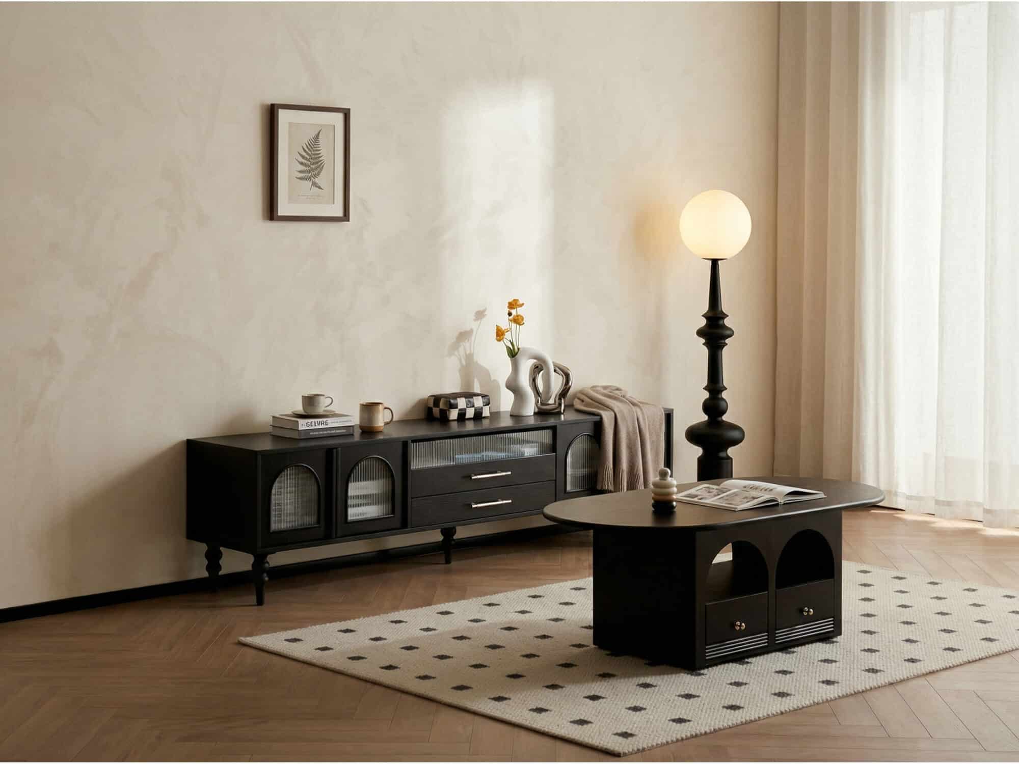 Mid-Century Modern Black TV Stand with Cabinet Glass Doors 相册图 #5 scene