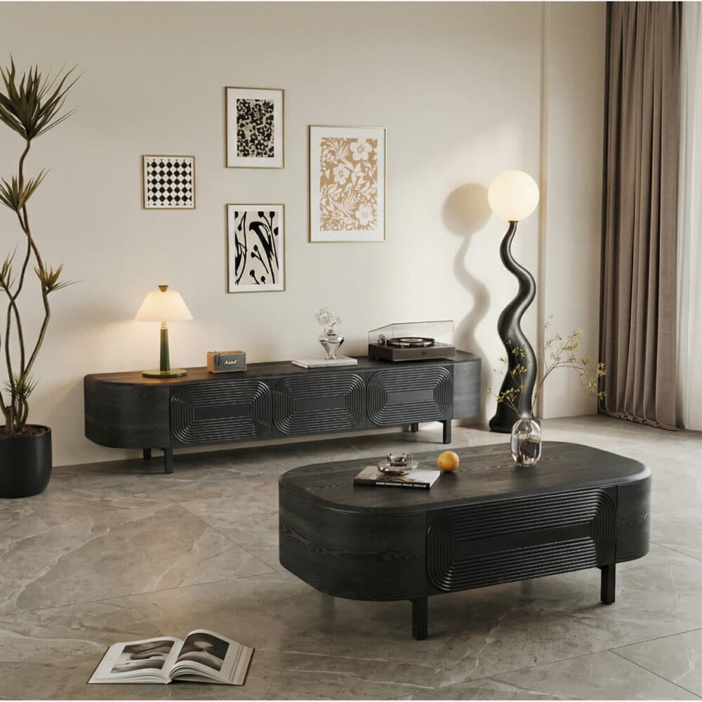 Mid-Century Modern Black Wood TV Stand with Drawers 商品主图 scene