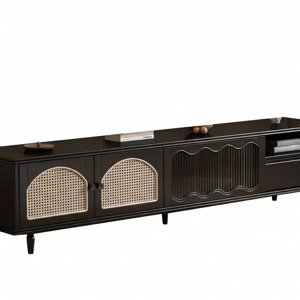 Mid-Century Modern TV Cabinet Cane and Ribbed Glass Design Elegant Wooden Entertainment Center 相册图 #10 resized