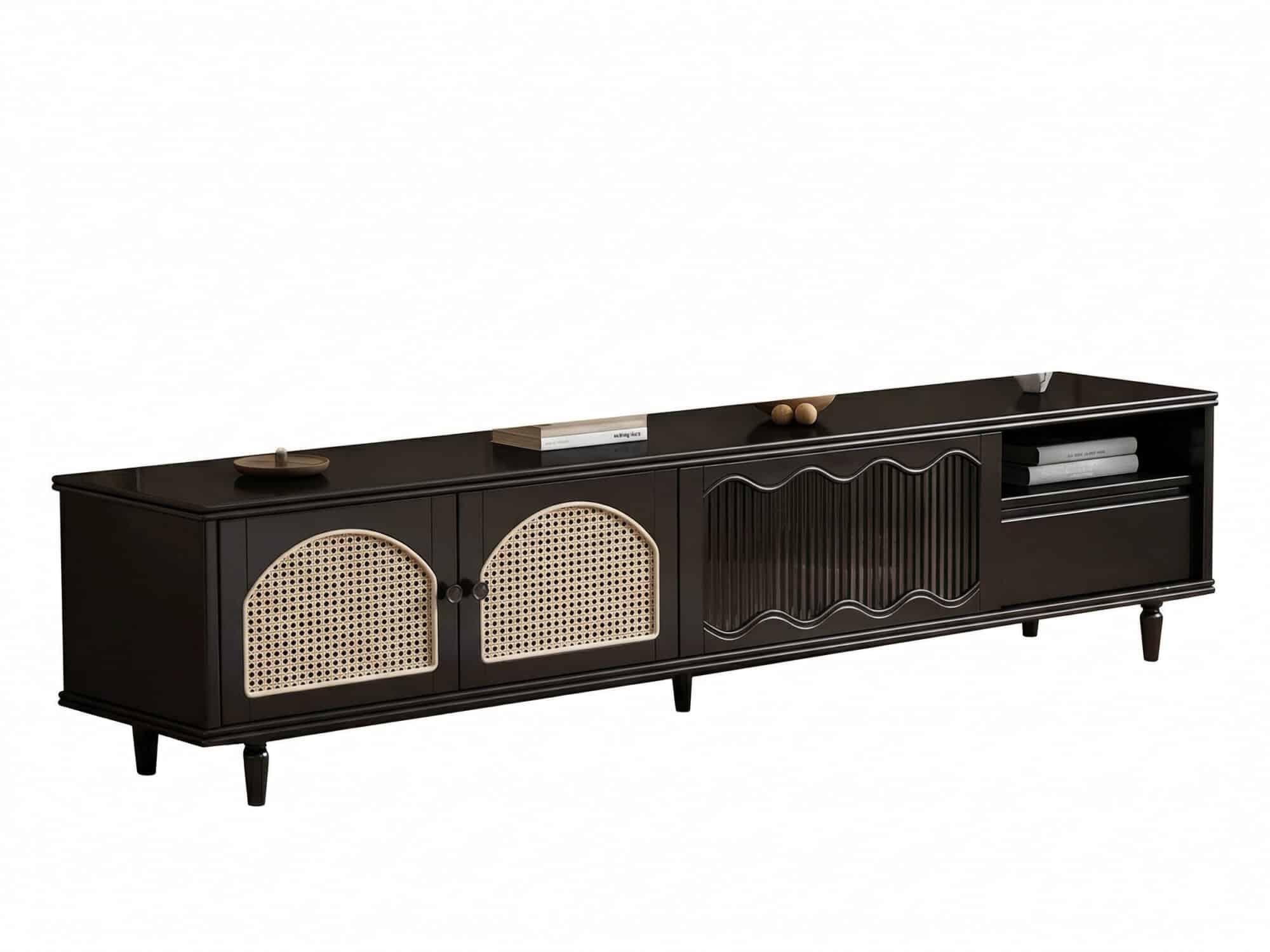 Mid-Century Modern TV Cabinet Cane and Ribbed Glass Design Elegant Wooden Entertainment Center 相册图 #10 resized
