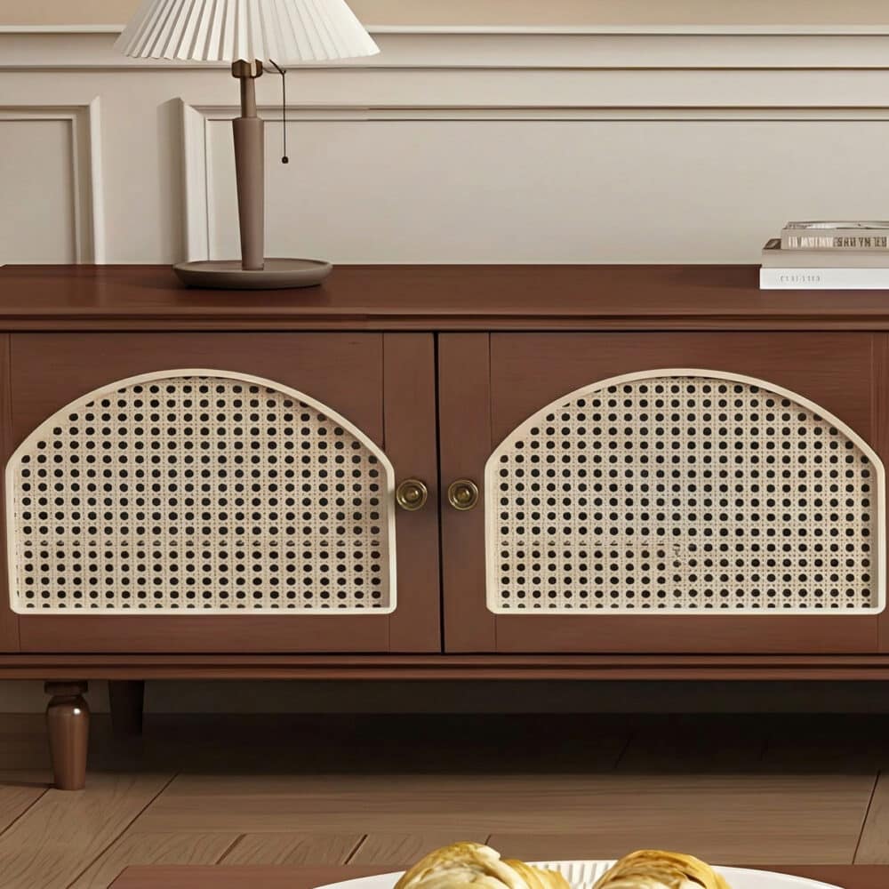 Mid-Century Modern TV Cabinet Cane and Ribbed Glass Design Elegant Wooden Entertainment Center 相册图 #3 resized