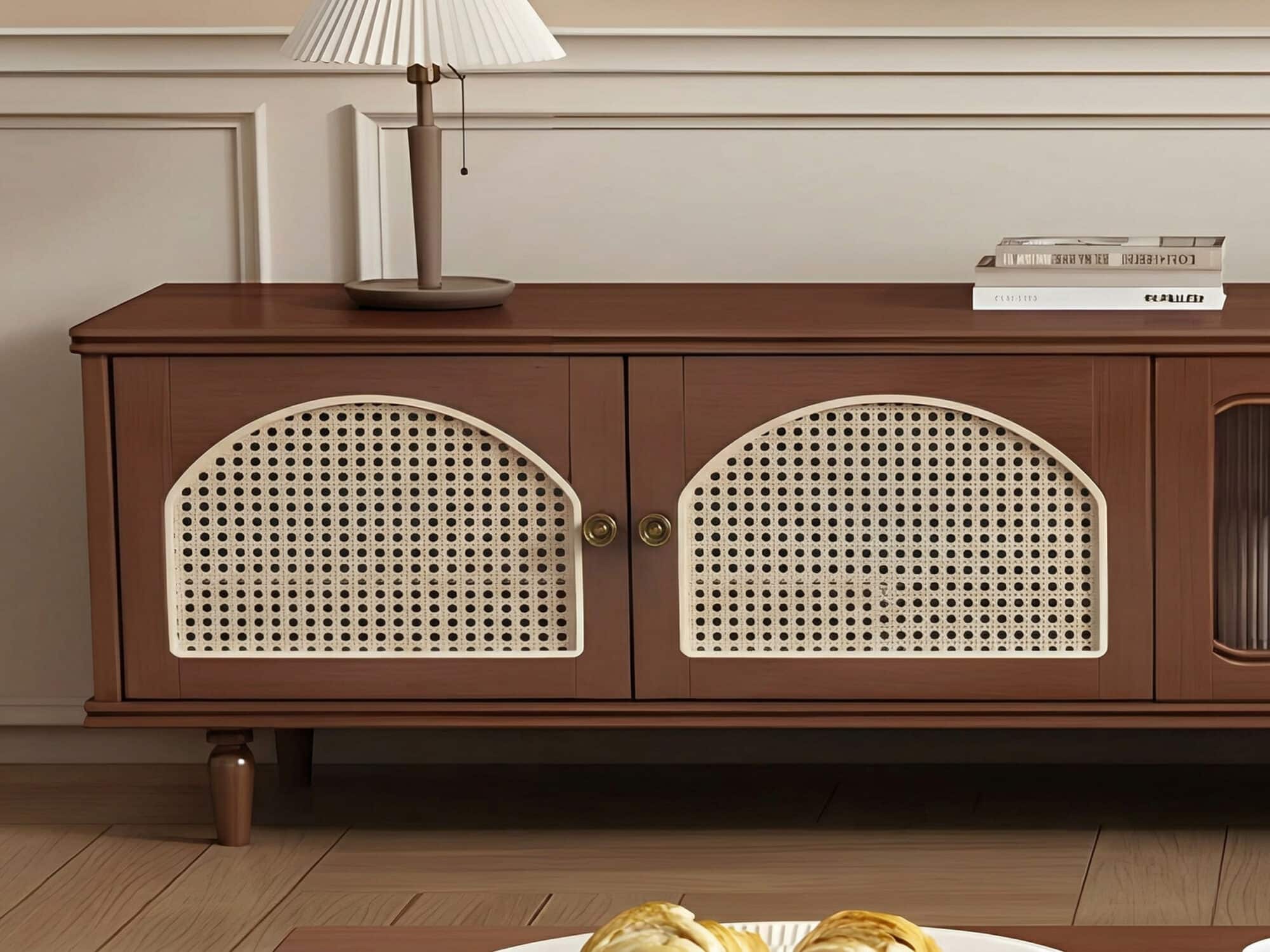 Mid-Century Modern TV Cabinet Cane and Ribbed Glass Design Elegant Wooden Entertainment Center 相册图 #3 resized