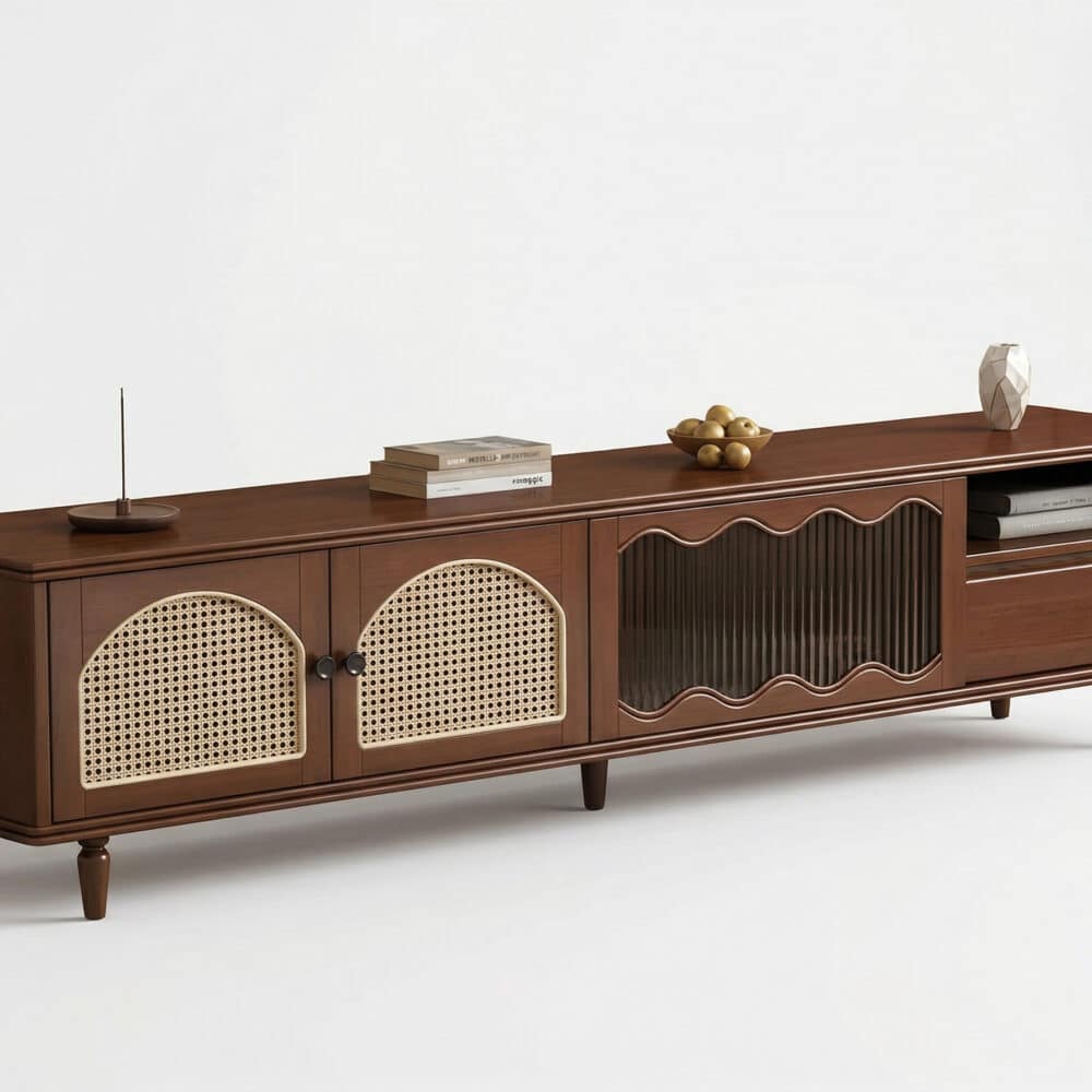 Mid-Century Modern TV Cabinet Cane and Ribbed Glass Design Elegant Wooden Entertainment Center 相册图 #5 resized