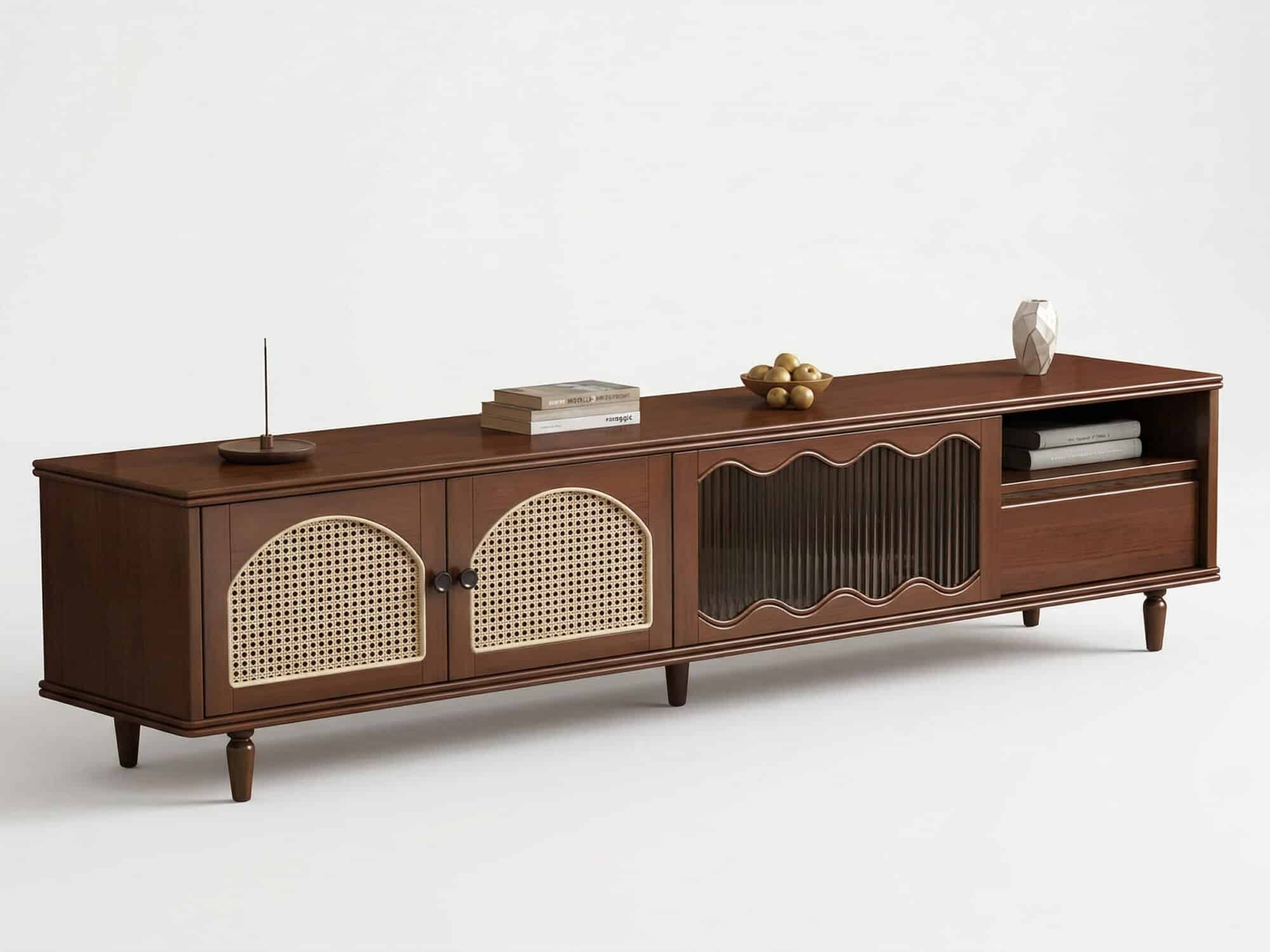 Mid-Century Modern TV Cabinet Cane and Ribbed Glass Design Elegant Wooden Entertainment Center 相册图 #5 resized