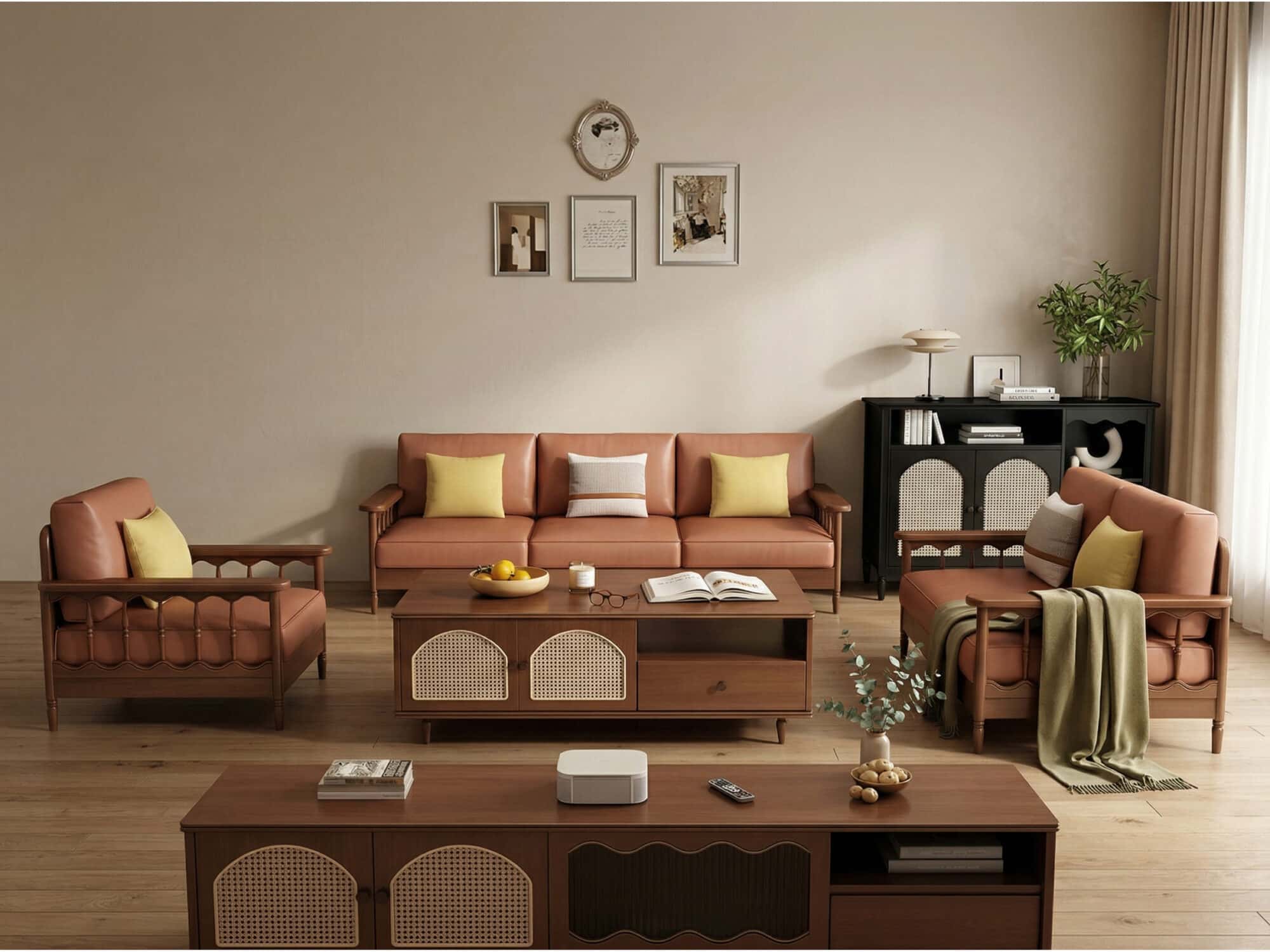 Mid-Century Modern TV Cabinet Cane and Ribbed Glass Design Elegant Wooden Entertainment Center 相册图 #2 scene