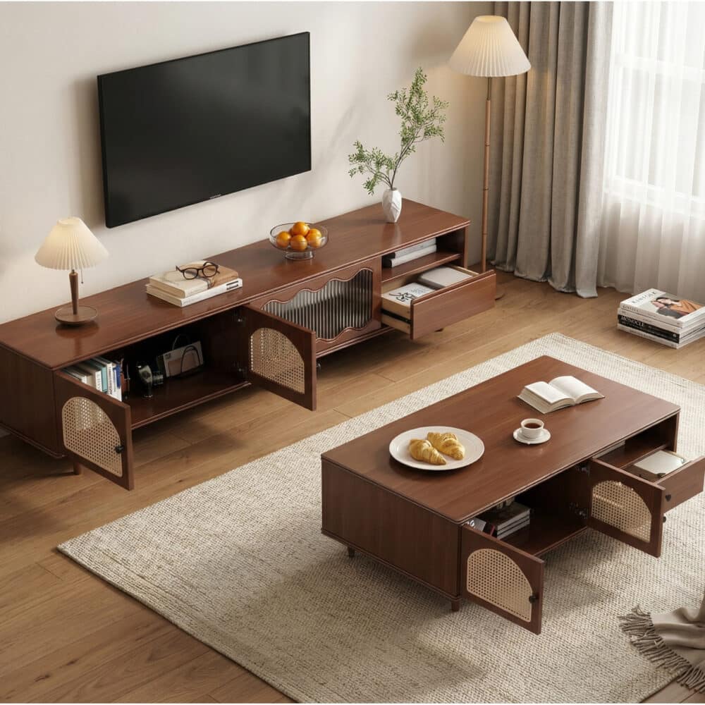 Mid-Century Modern TV Cabinet Cane and Ribbed Glass Design Elegant Wooden Entertainment Center 相册图 #6 scene