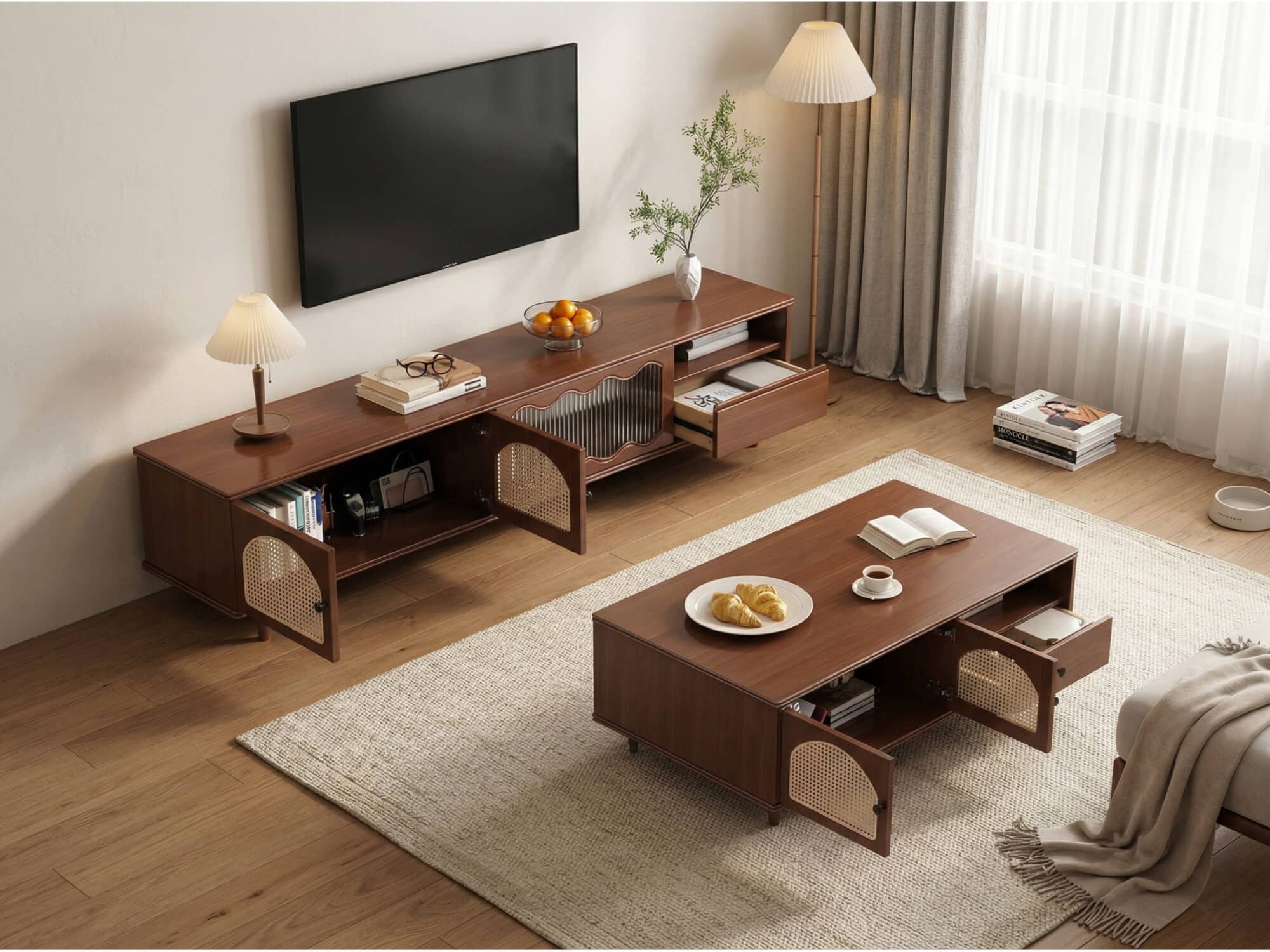 Mid-Century Modern TV Cabinet Cane and Ribbed Glass Design Elegant Wooden Entertainment Center 相册图 #6 scene