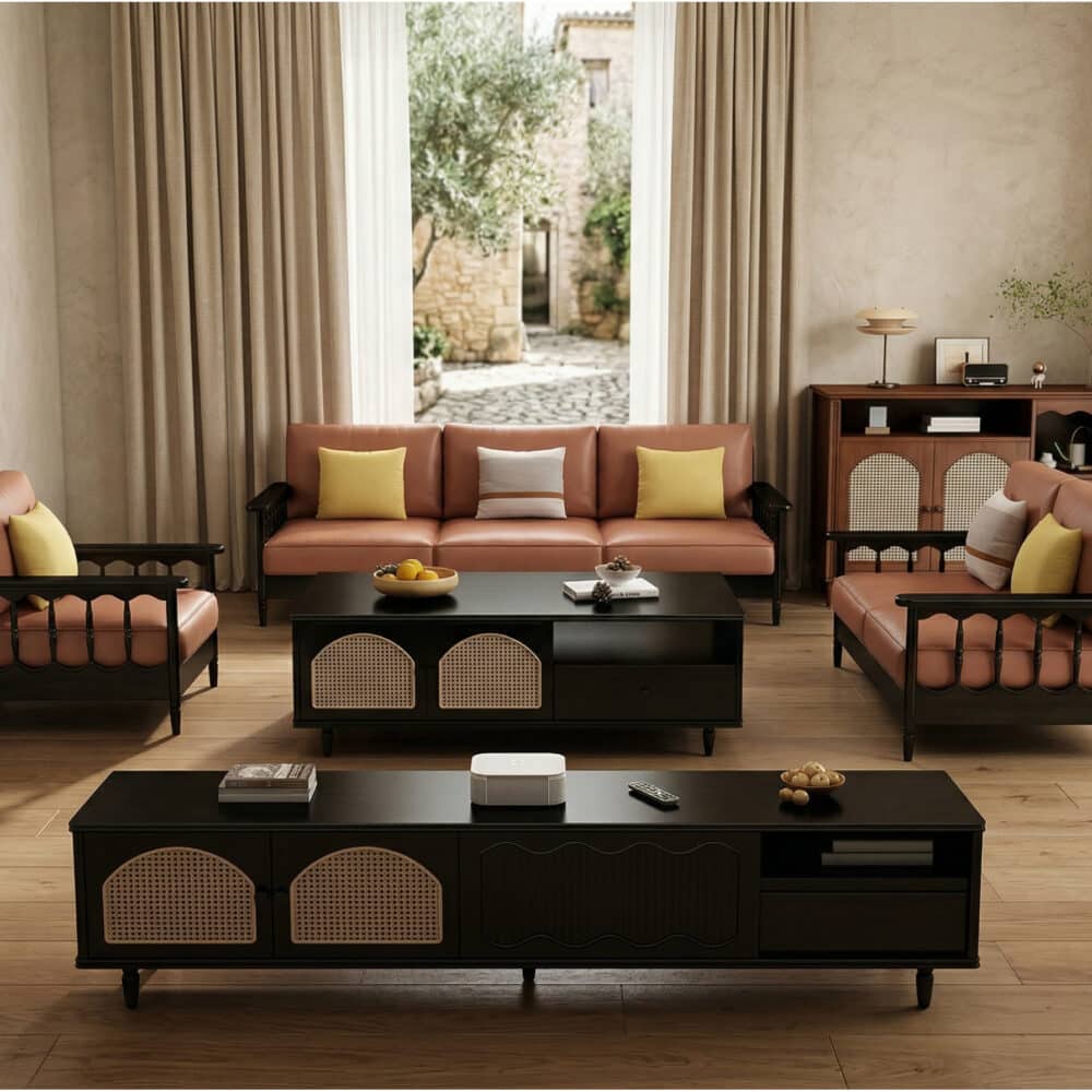 Mid-Century Modern TV Cabinet Cane and Ribbed Glass Design Elegant Wooden Entertainment Center 相册图 #7 scene