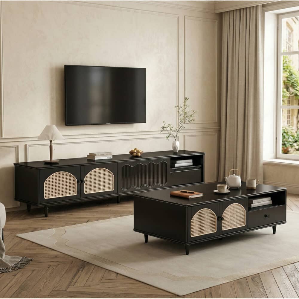 Mid-Century Modern TV Cabinet Cane and Ribbed Glass Design Elegant Wooden Entertainment Center 相册图 #8 scene