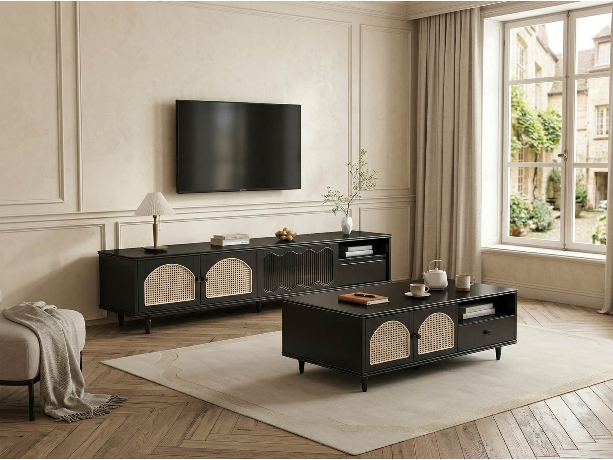 Mid-Century Modern TV Cabinet Cane and Ribbed Glass Design Elegant Wooden Entertainment Center 相册图 #8 scene