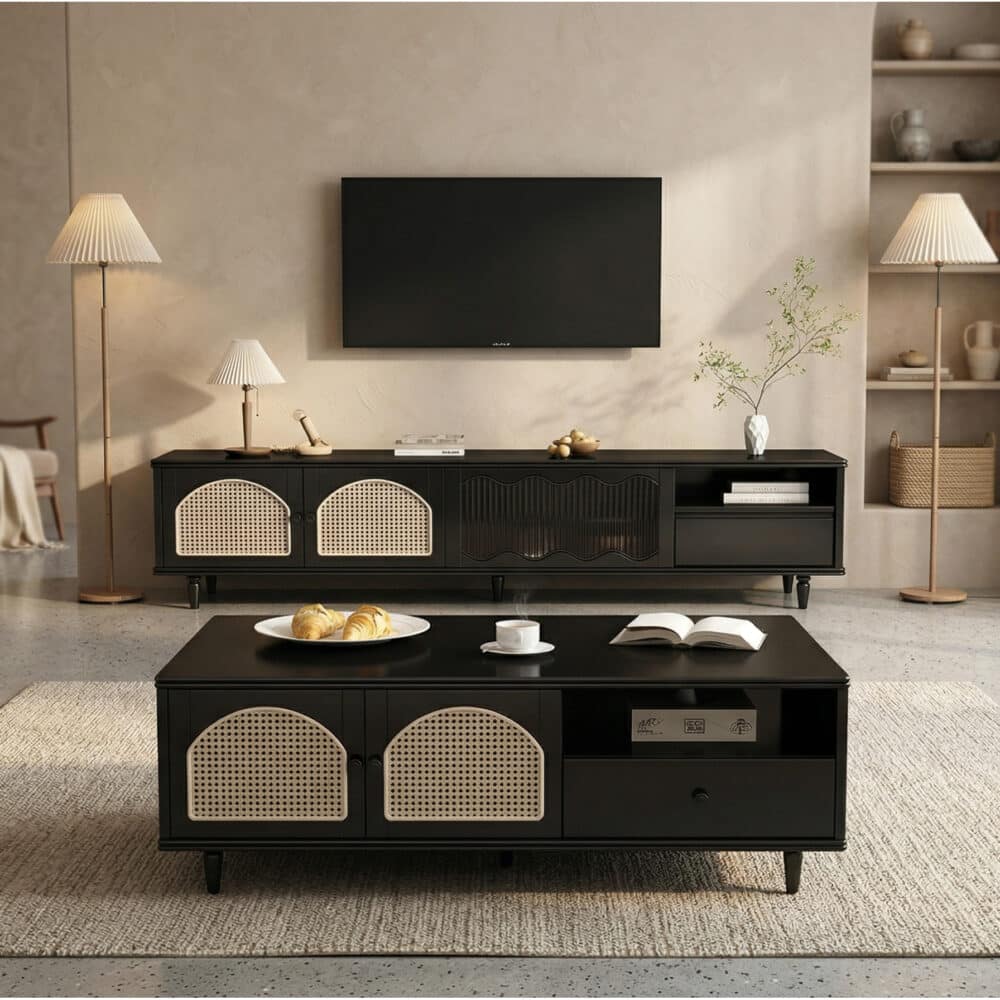 Mid-Century Modern TV Cabinet Cane and Ribbed Glass Design Elegant Wooden Entertainment Center 相册图 #9 scene