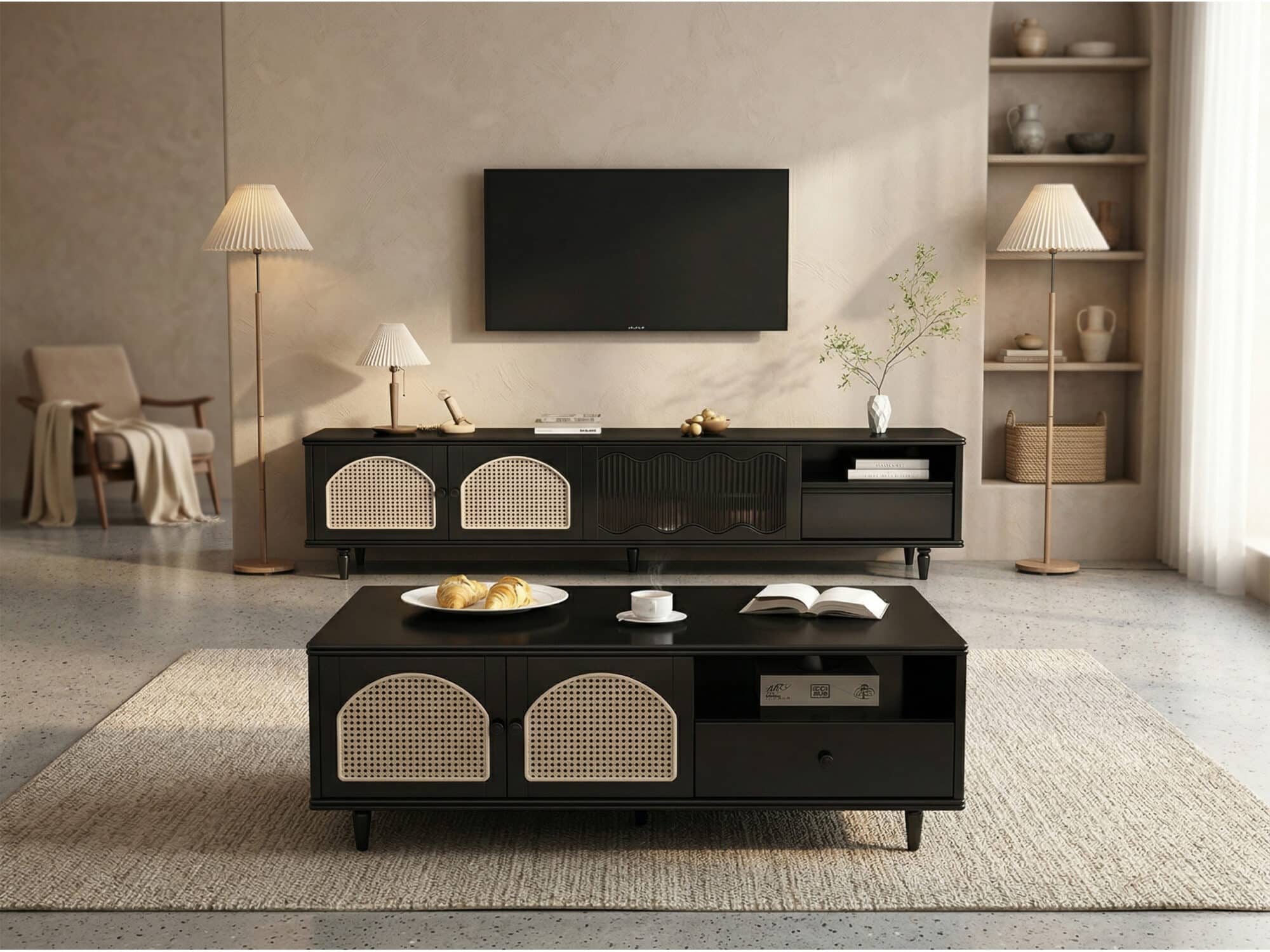 Mid-Century Modern TV Cabinet Cane and Ribbed Glass Design Elegant Wooden Entertainment Center 相册图 #9 scene