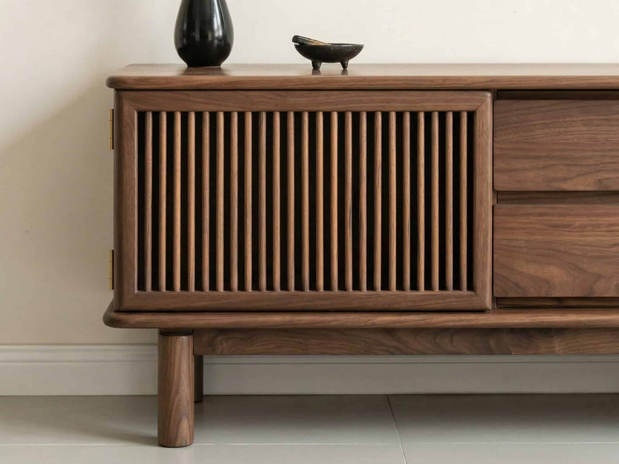 Mid-Century Modern Walnut Wood TV Stand with Cabinet 相册图 #2 resized