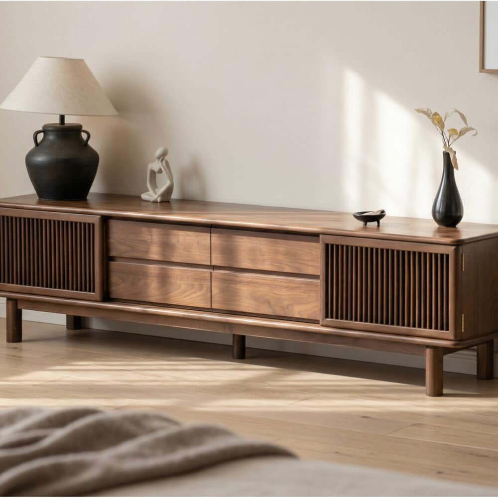 Mid-Century Modern Walnut Wood TV Stand with Cabinet 商品主图 scene
