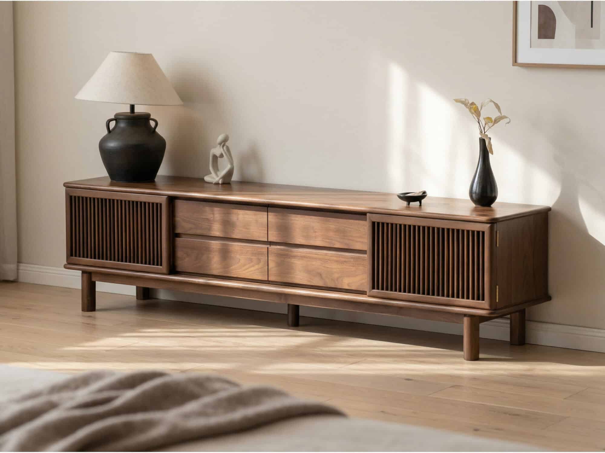 Mid-Century Modern Walnut Wood TV Stand with Cabinet 商品主图 scene