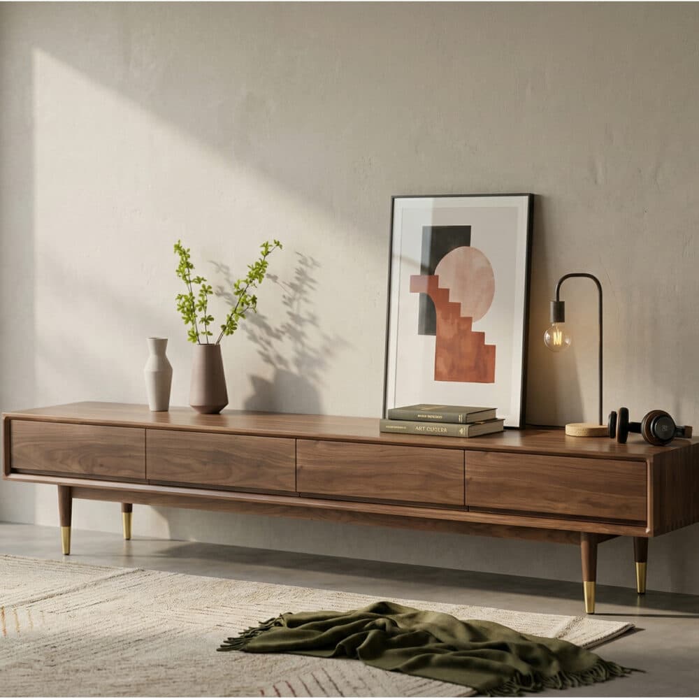 Mid-Century Modern Walnut Wood TV Stand with Legs Drawers - scene - 相册图 #2 Mid-Century Modern Walnut Wood TV Stand with Legs Drawers 相册图 #2 scene