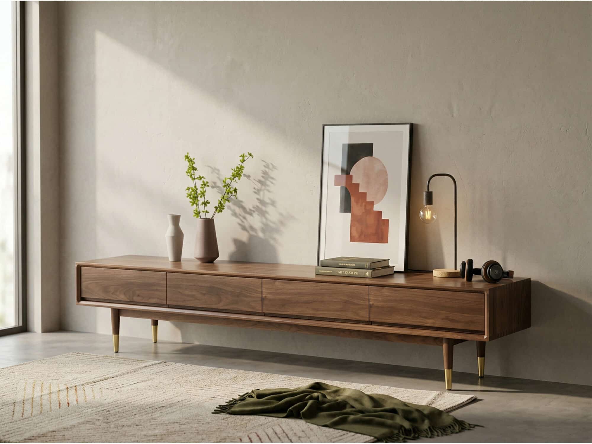 Mid-Century Modern Walnut Wood TV Stand with Legs Drawers - scene - 相册图 #2 Mid-Century Modern Walnut Wood TV Stand with Legs Drawers 相册图 #2 scene