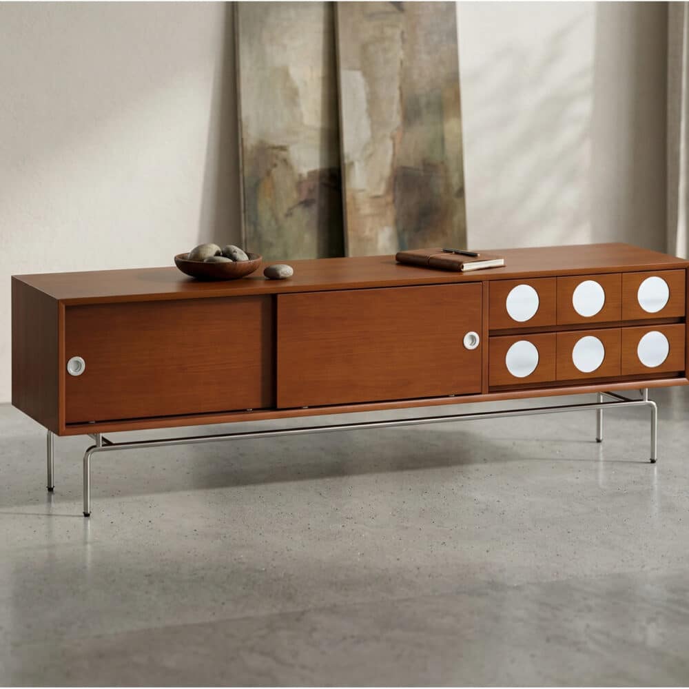 Mid-Century Modern Walnut Wood TV Stand with Sliding Doors 相册图 #1 scene
