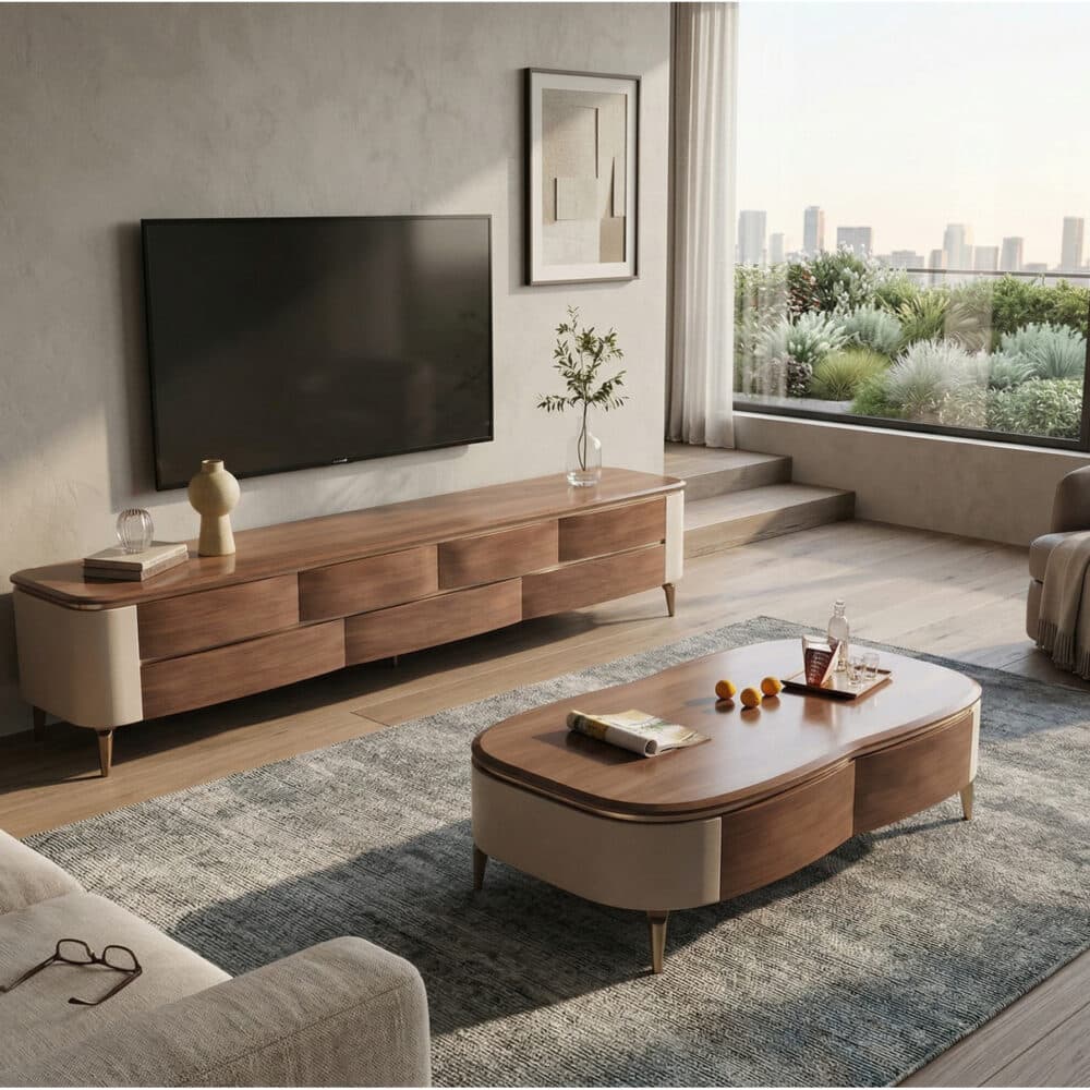 Mid-Century Modern Walnut Wood TV Stand with Storage 商品主图 scene