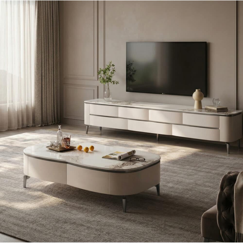 Mid-Century Modern Walnut Wood TV Stand with Storage 相册图 #1 scene