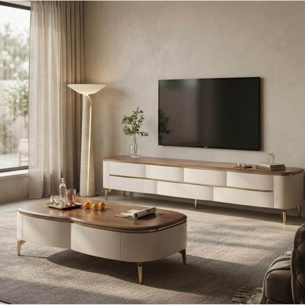 Mid-Century Modern Walnut Wood TV Stand with Storage 相册图 #2 scene