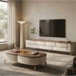 Mid-Century Modern Walnut Wood TV Stand with Storage 相册图 #2 scene