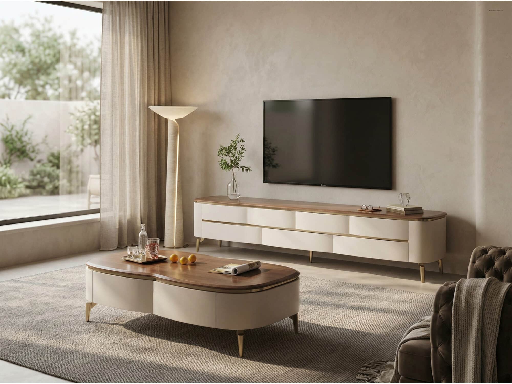 Mid-Century Modern Walnut Wood TV Stand with Storage 相册图 #2 scene