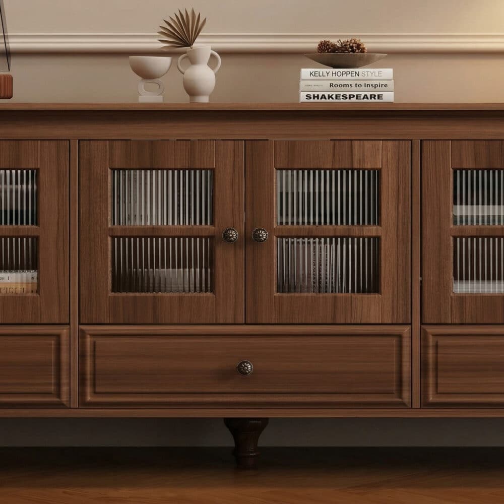 Mid-Century Modern Wood Media Cabinet Featuring Fluted Glass Doors and Deep Drawers 相册图 #4 resized