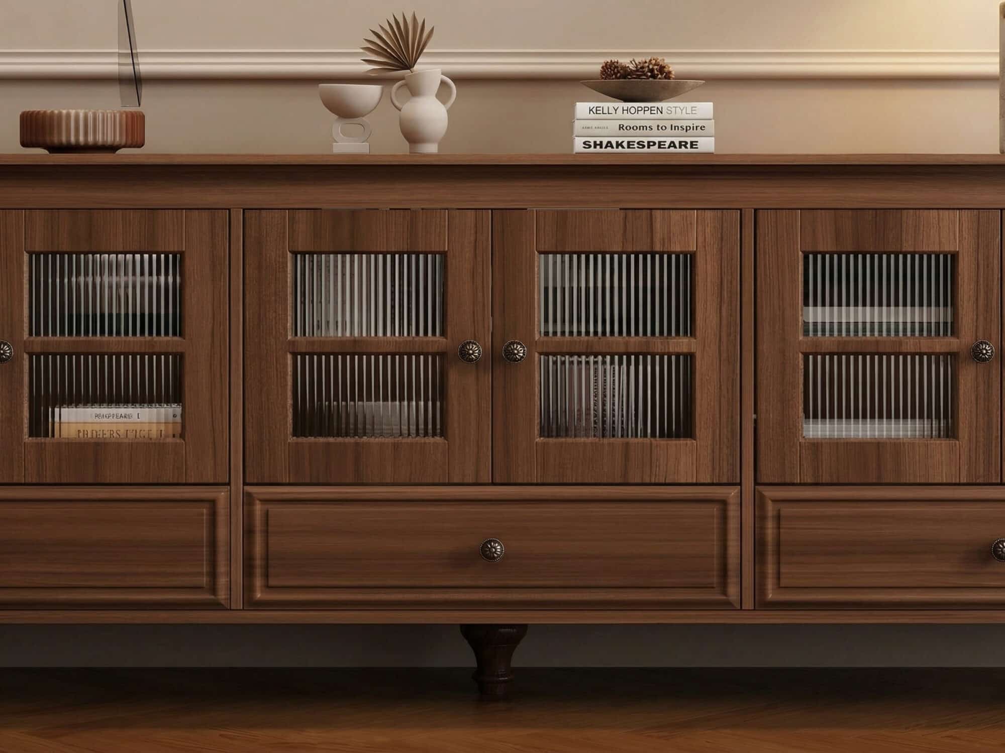 Mid-Century Modern Wood Media Cabinet Featuring Fluted Glass Doors and Deep Drawers 相册图 #4 resized