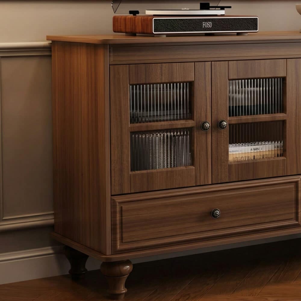 Mid-Century Modern Wood Media Cabinet Featuring Fluted Glass Doors and Deep Drawers 相册图 #5 resized