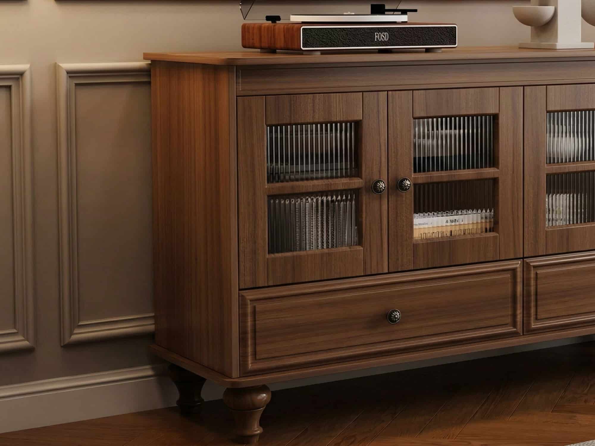 Mid-Century Modern Wood Media Cabinet Featuring Fluted Glass Doors and Deep Drawers 相册图 #5 resized