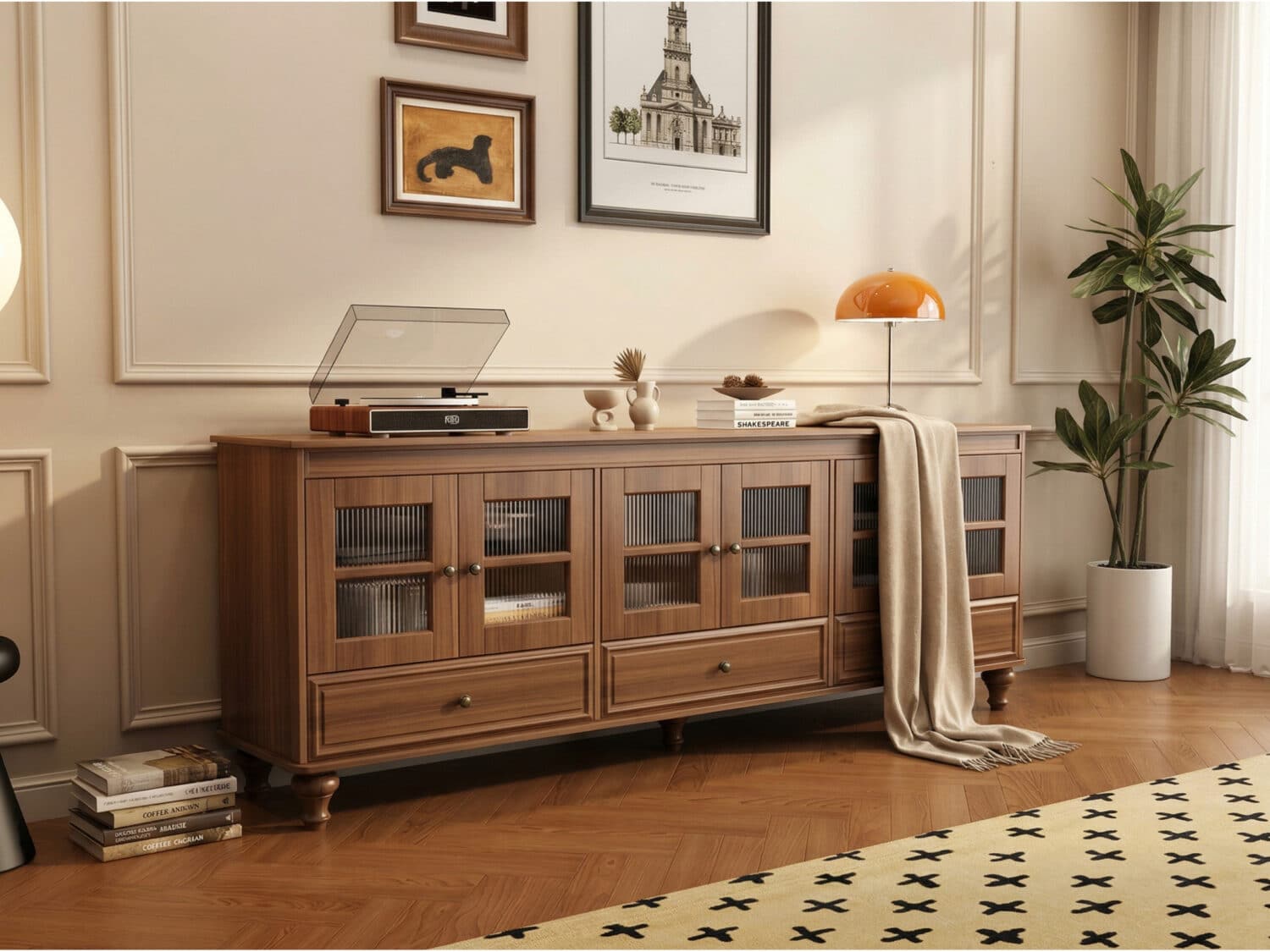 Mid-Century Modern Wood Media Cabinet Featuring Fluted Glass Doors and Deep Drawers 商品主图 scene