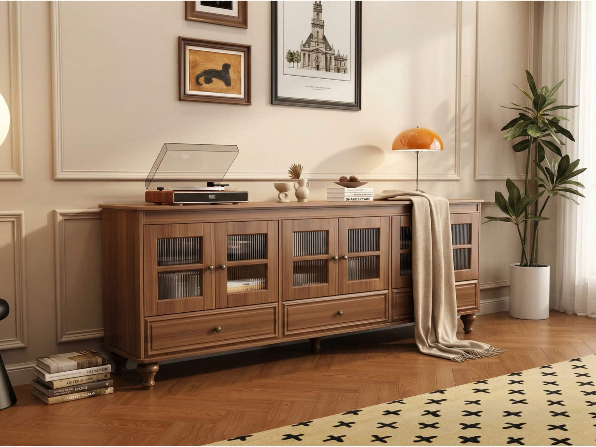 Mid-Century Modern Wood Media Cabinet Featuring Fluted Glass Doors and Deep Drawers 商品主图 scene