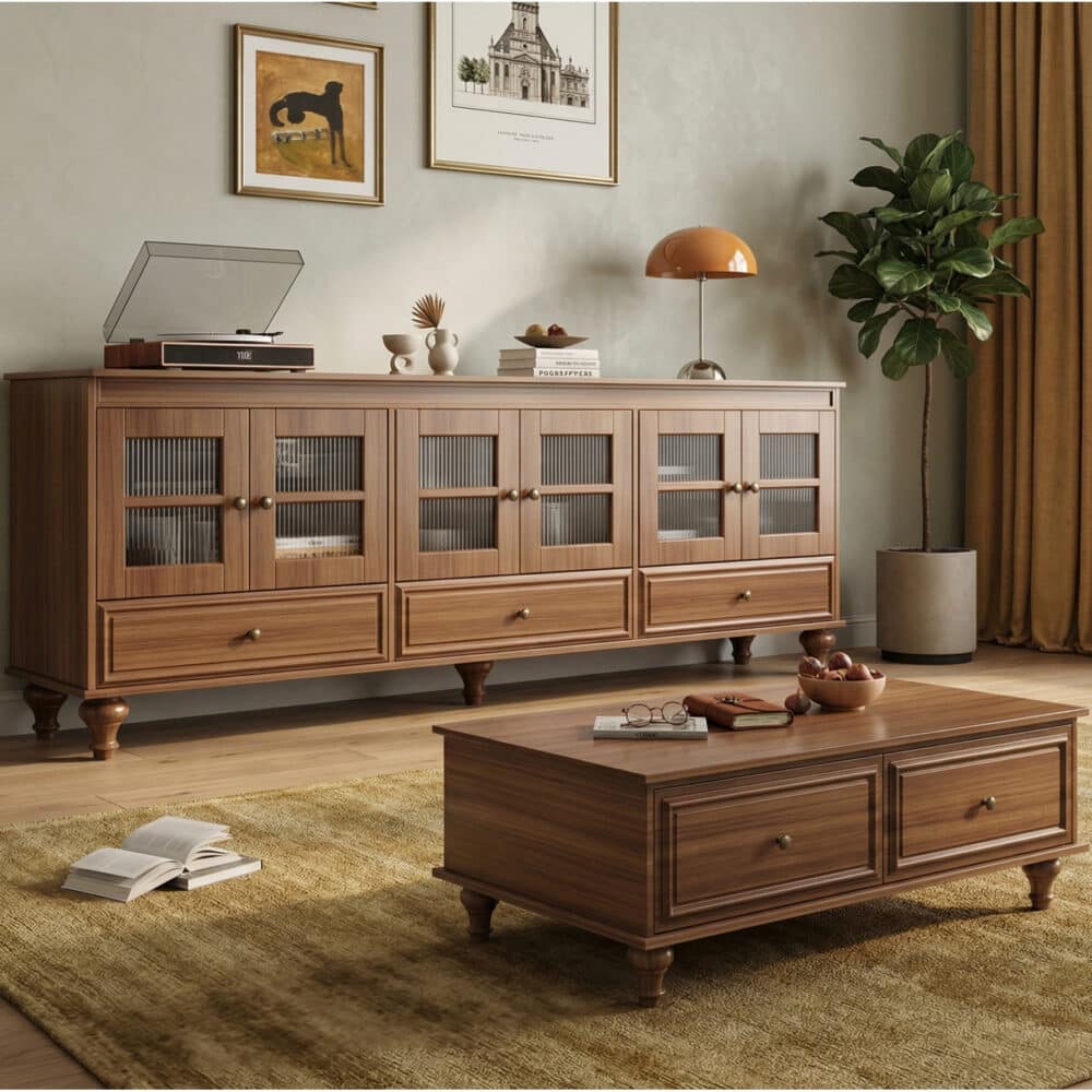 Mid-Century Modern Wood Media Cabinet Featuring Fluted Glass Doors and Deep Drawers 相册图 #1 scene