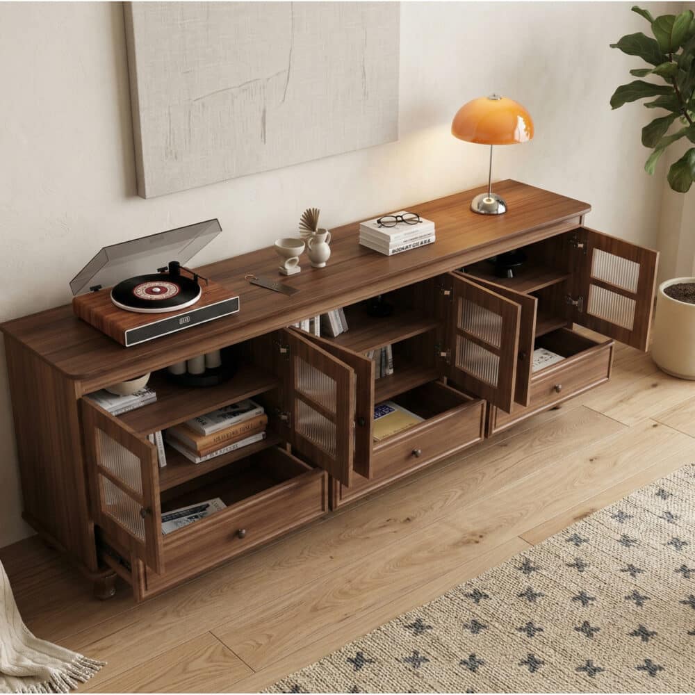 Mid-Century Modern Wood Media Cabinet Featuring Fluted Glass Doors and Deep Drawers 相册图 #3 scene