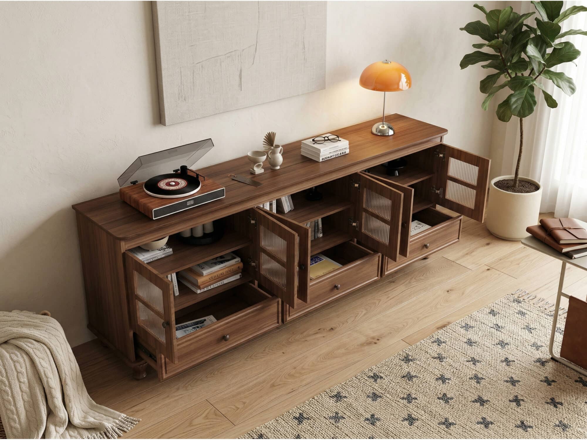 Mid-Century Modern Wood Media Cabinet Featuring Fluted Glass Doors and Deep Drawers 相册图 #3 scene
