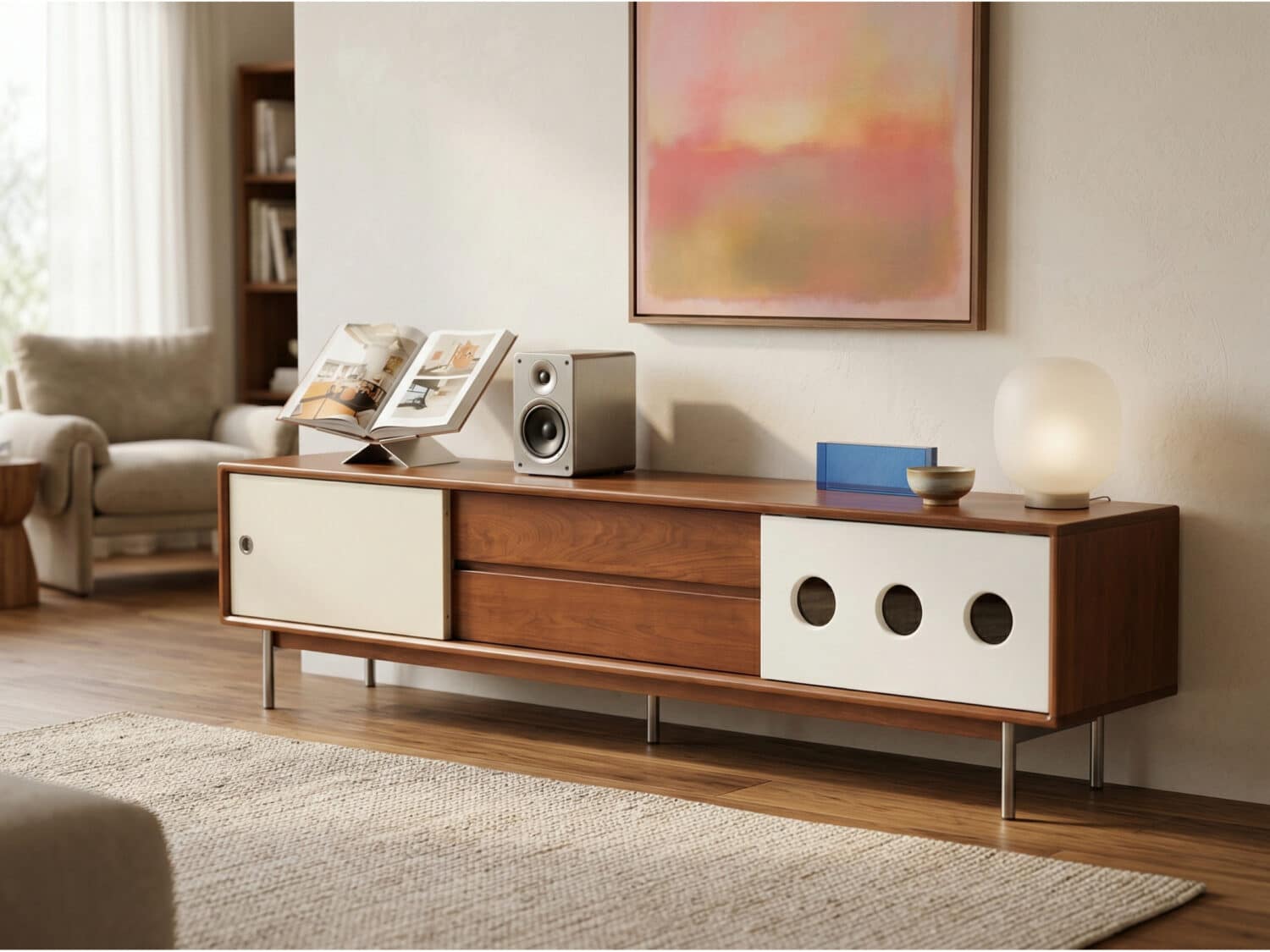 Mid-Century Modern Wood TV Stand with Drawers Storage 商品主图 scene