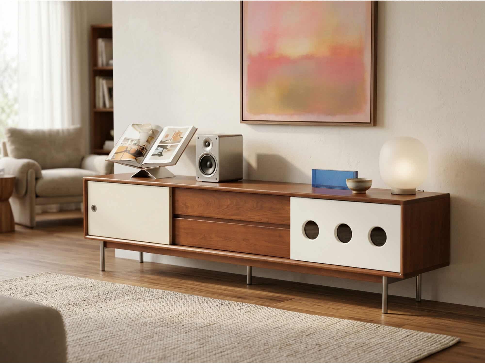 Mid-Century Modern Wood TV Stand with Drawers Storage 商品主图 scene