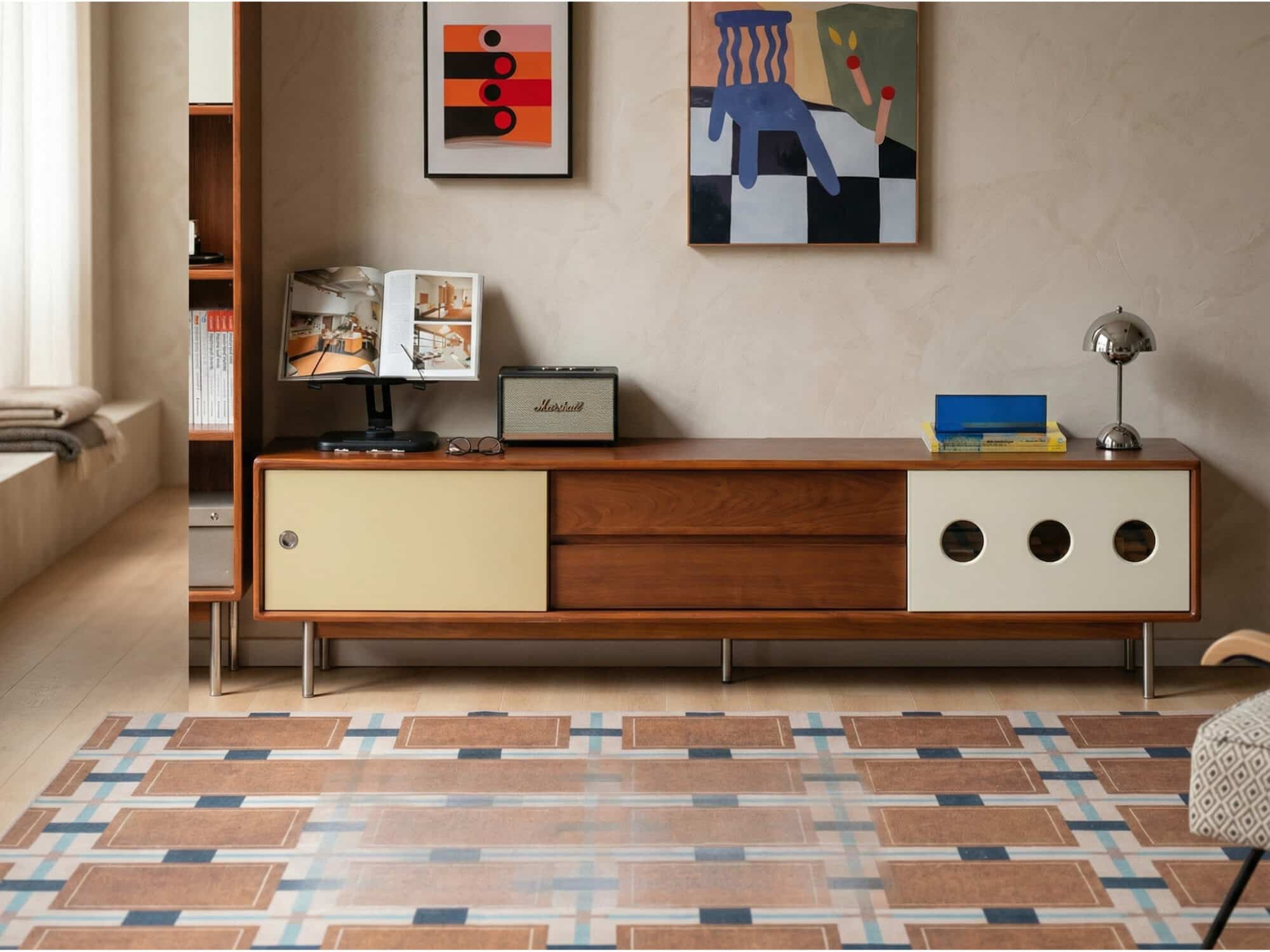 Mid-Century Modern Wood TV Stand with Drawers Storage 相册图 #2 scene