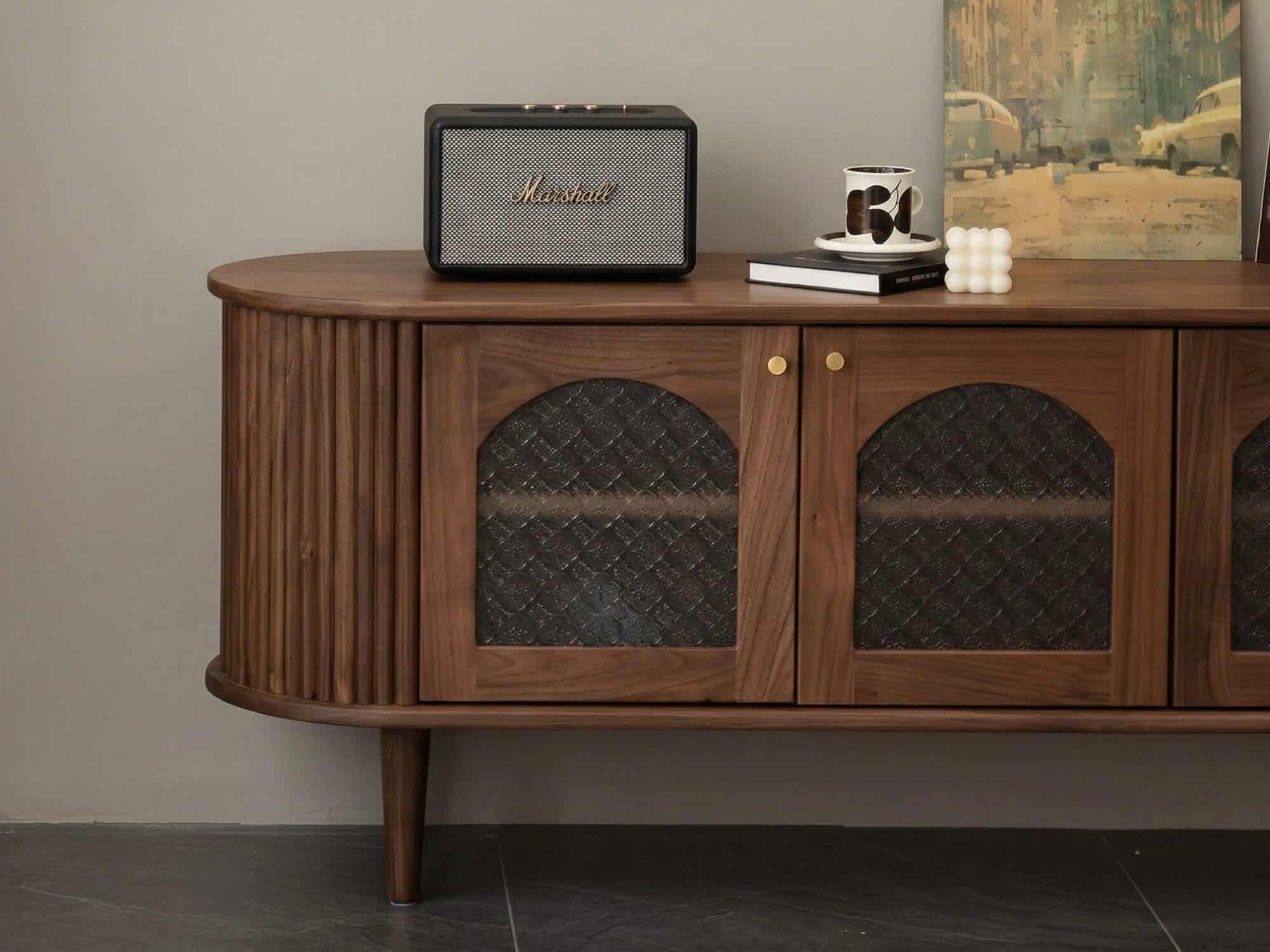Mid-Century Walnut Wood TV Stand with Storage Cabinet 相册图 #3 resized