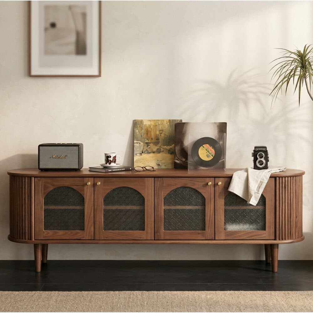 Mid-Century Walnut Wood TV Stand with Storage Cabinet 相册图 #1 scene