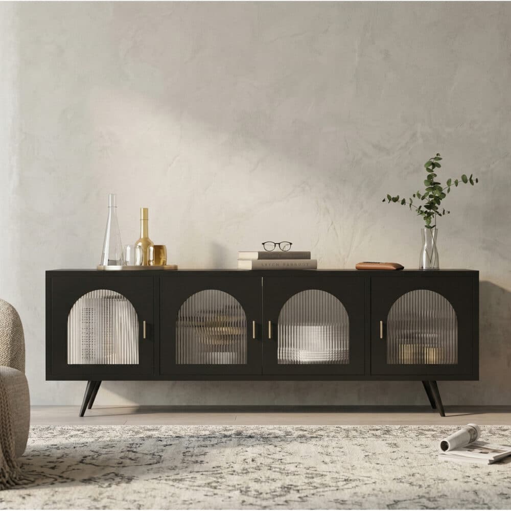 Minimalist TV Cabinet with Iron Frame & Glass Doors Modern Storage Console 商品主图 scene