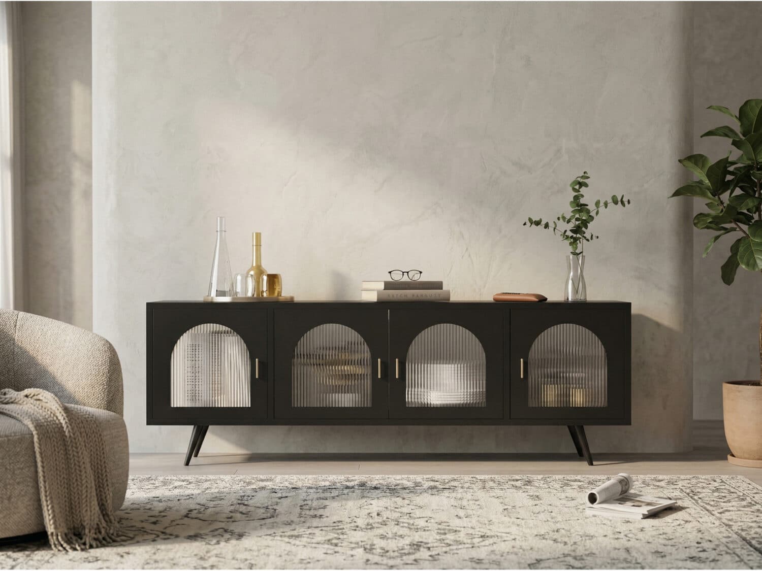 Minimalist TV Cabinet with Iron Frame & Glass Doors Modern Storage Console 商品主图 scene