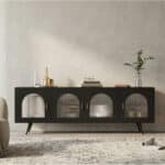 Minimalist TV Cabinet with Iron Frame & Glass Doors Modern Storage Console 商品主图 scene