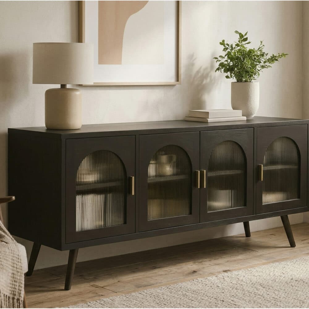 Minimalist TV Cabinet with Iron Frame & Glass Doors Modern Storage Console 相册图 #1 scene