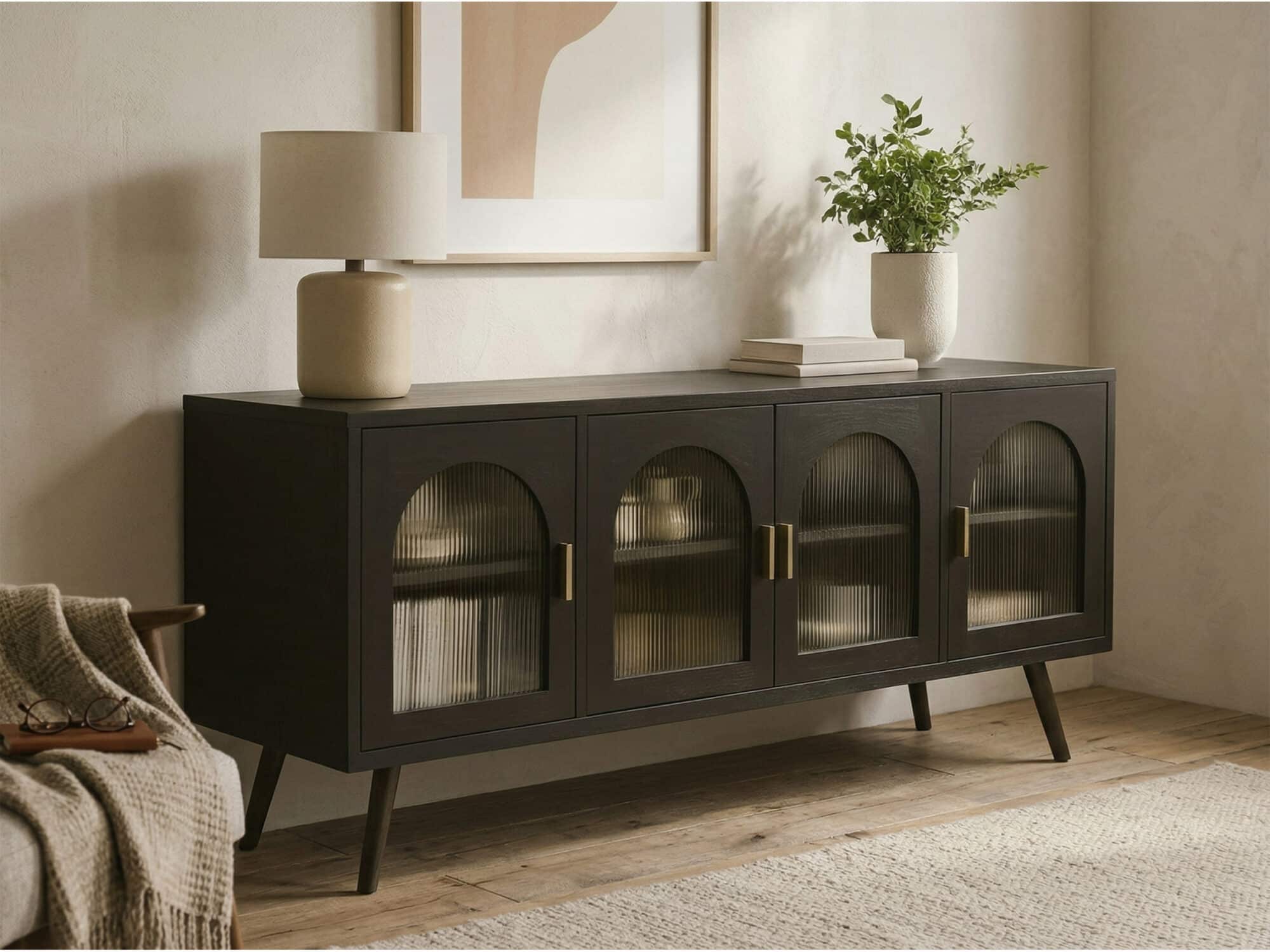 Minimalist TV Cabinet with Iron Frame & Glass Doors Modern Storage Console 相册图 #1 scene