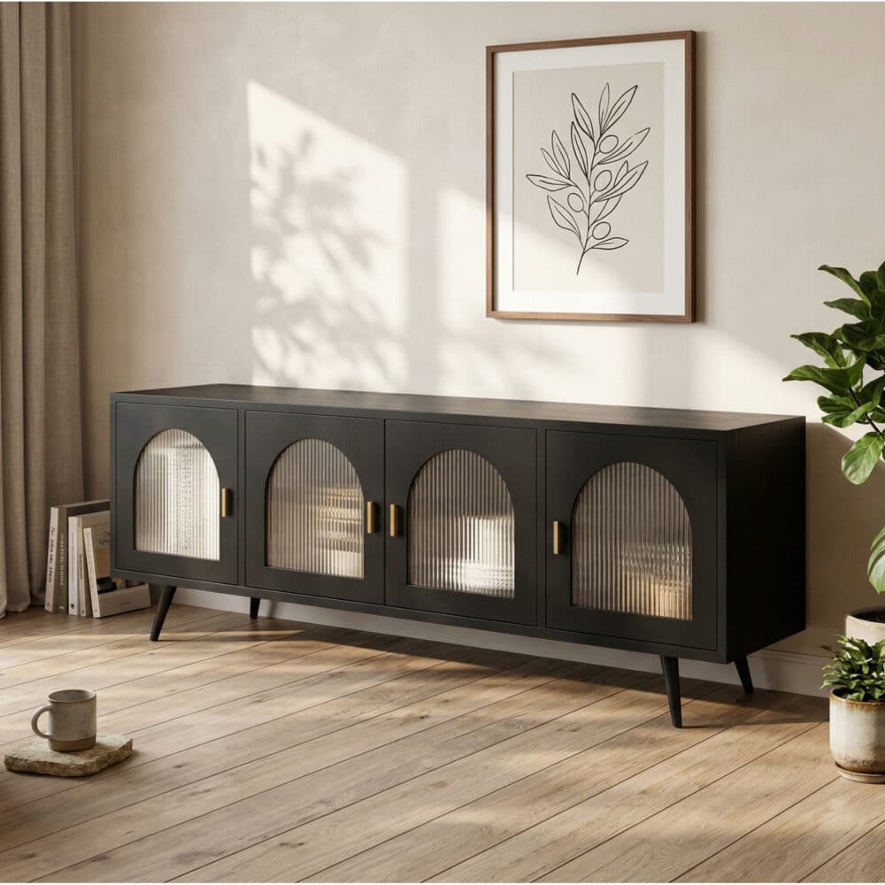Minimalist TV Cabinet with Iron Frame & Glass Doors Modern Storage Console 相册图 #2 scene