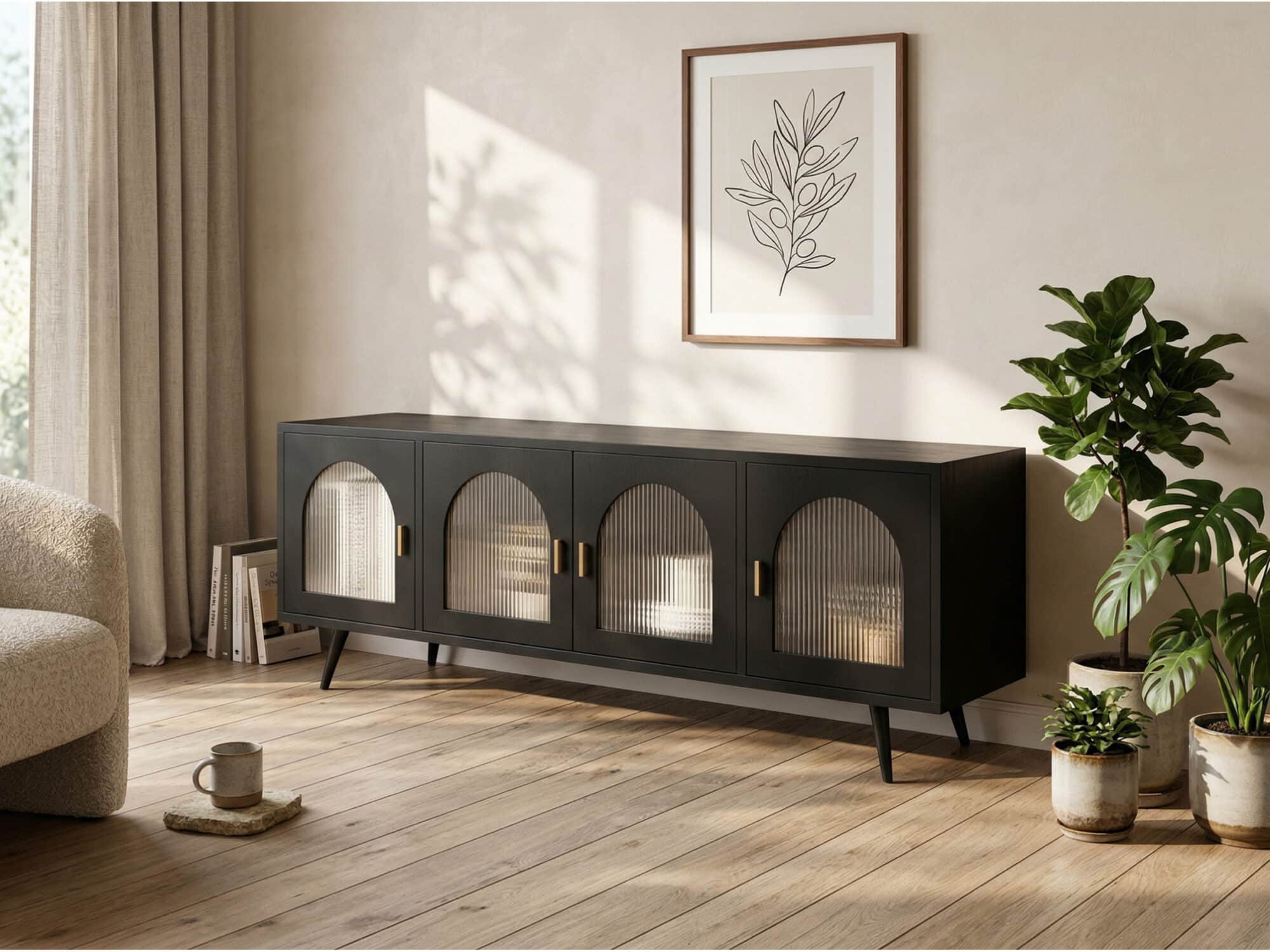 Minimalist TV Cabinet with Iron Frame & Glass Doors Modern Storage Console 相册图 #2 scene
